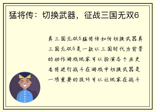 猛将传：切换武器，征战三国无双6